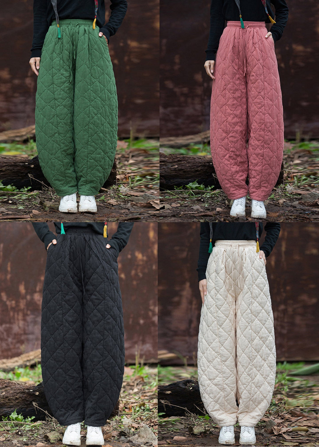 French Green Plaid Pockets Cotton Filled Pants Winter