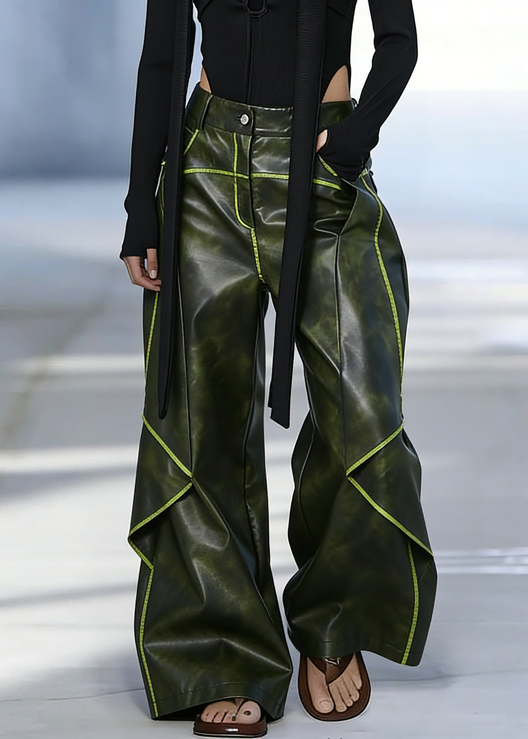 French Green Pockets High Waist Faux Leather Pants Spring