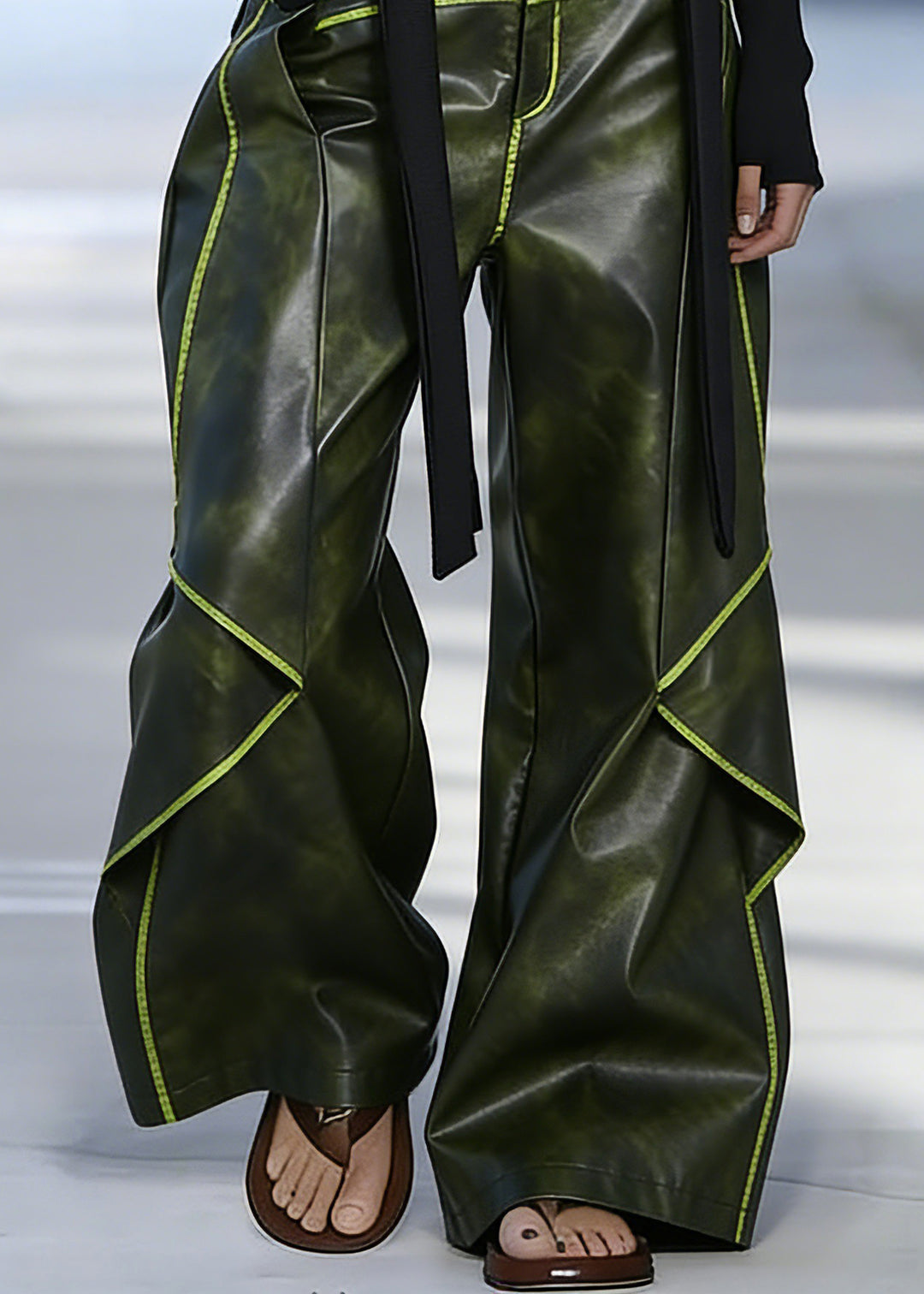 French Green Pockets High Waist Faux Leather Pants Spring