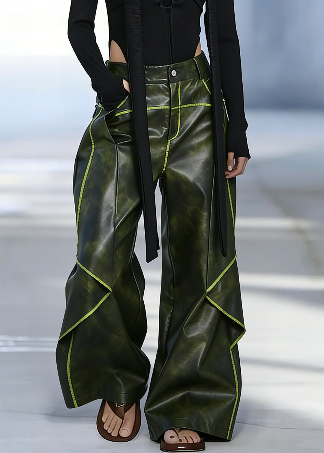 French Green Pockets High Waist Faux Leather Pants Spring
