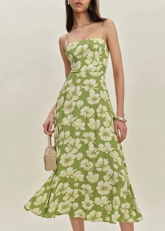 French Green Print Maxi Spaghetti Strap Dresses Summer