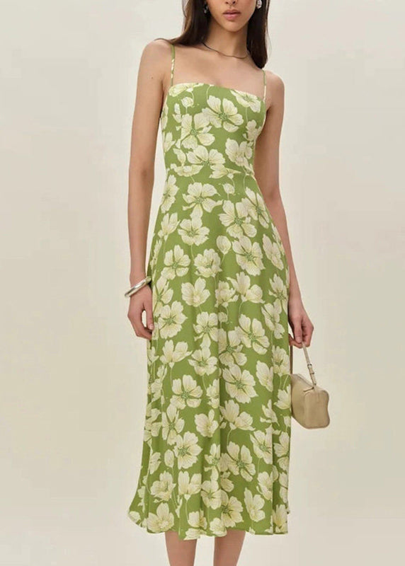 French Green Print Maxi Spaghetti Strap Dresses Summer