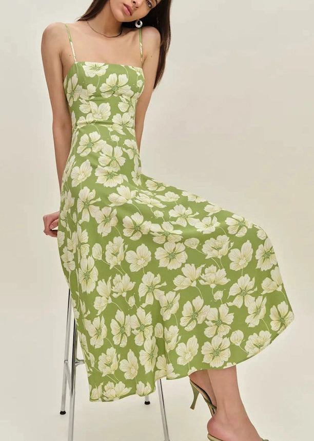 French Green Print Maxi Spaghetti Strap Dresses Summer