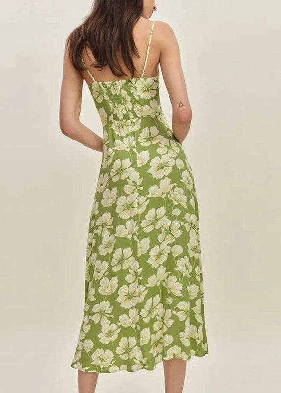 French Green Print Maxi Spaghetti Strap Dresses Summer