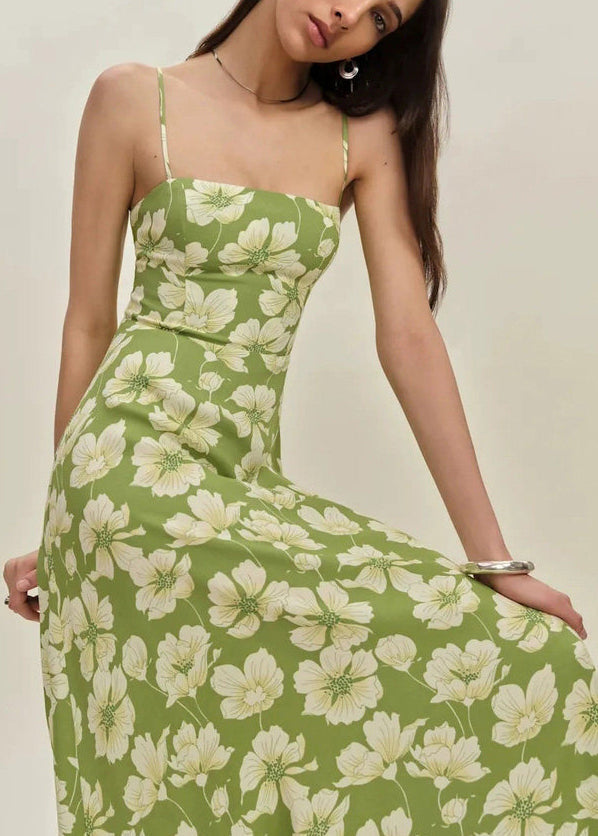 French Green Print Maxi Spaghetti Strap Dresses Summer