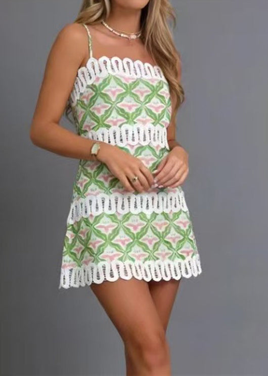 French Green Print Patchwork Cut Out Cotton Mini Dress Summer