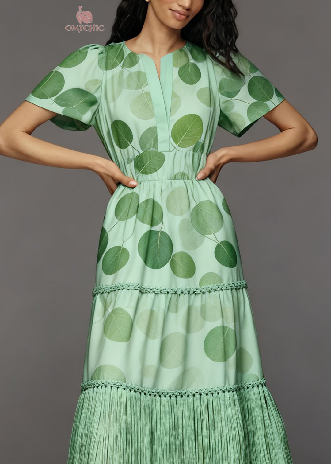 French Green Print Tasseled Patchwork Cotton Long Dresses Summer