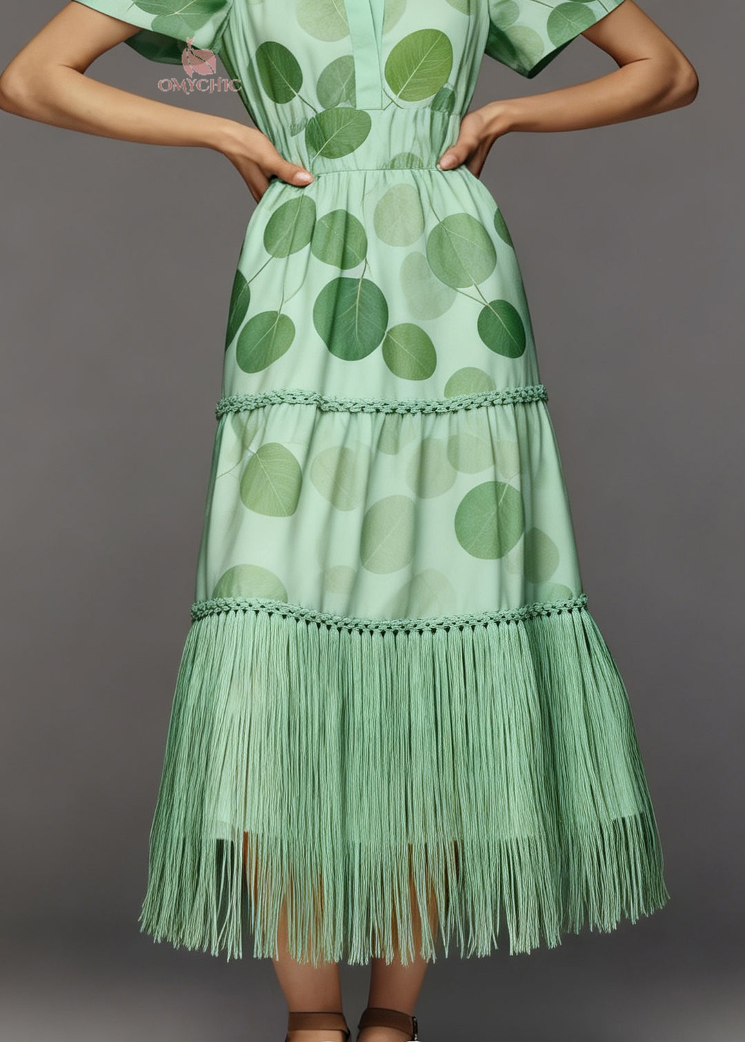 French Green Print Tasseled Patchwork Cotton Long Dresses Summer