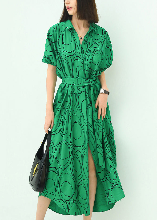 French Green Print Tie Waist Cotton Shirts Dresses Summer