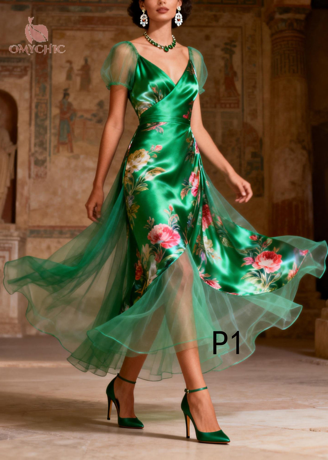 French Green Print Tulle Patchwork Silk Party Dress Summer