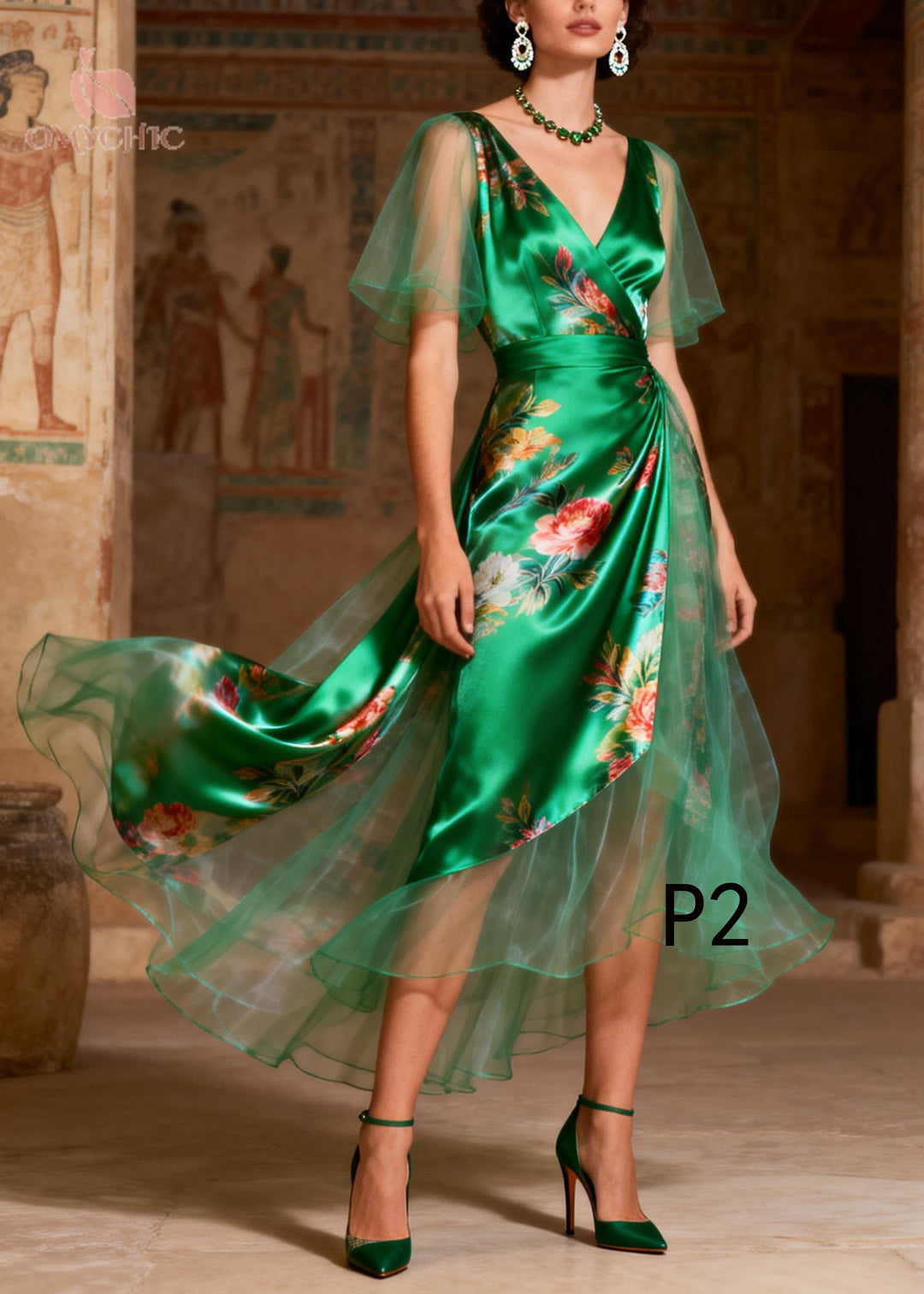 French Green Print Tulle Patchwork Silk Party Dress Summer