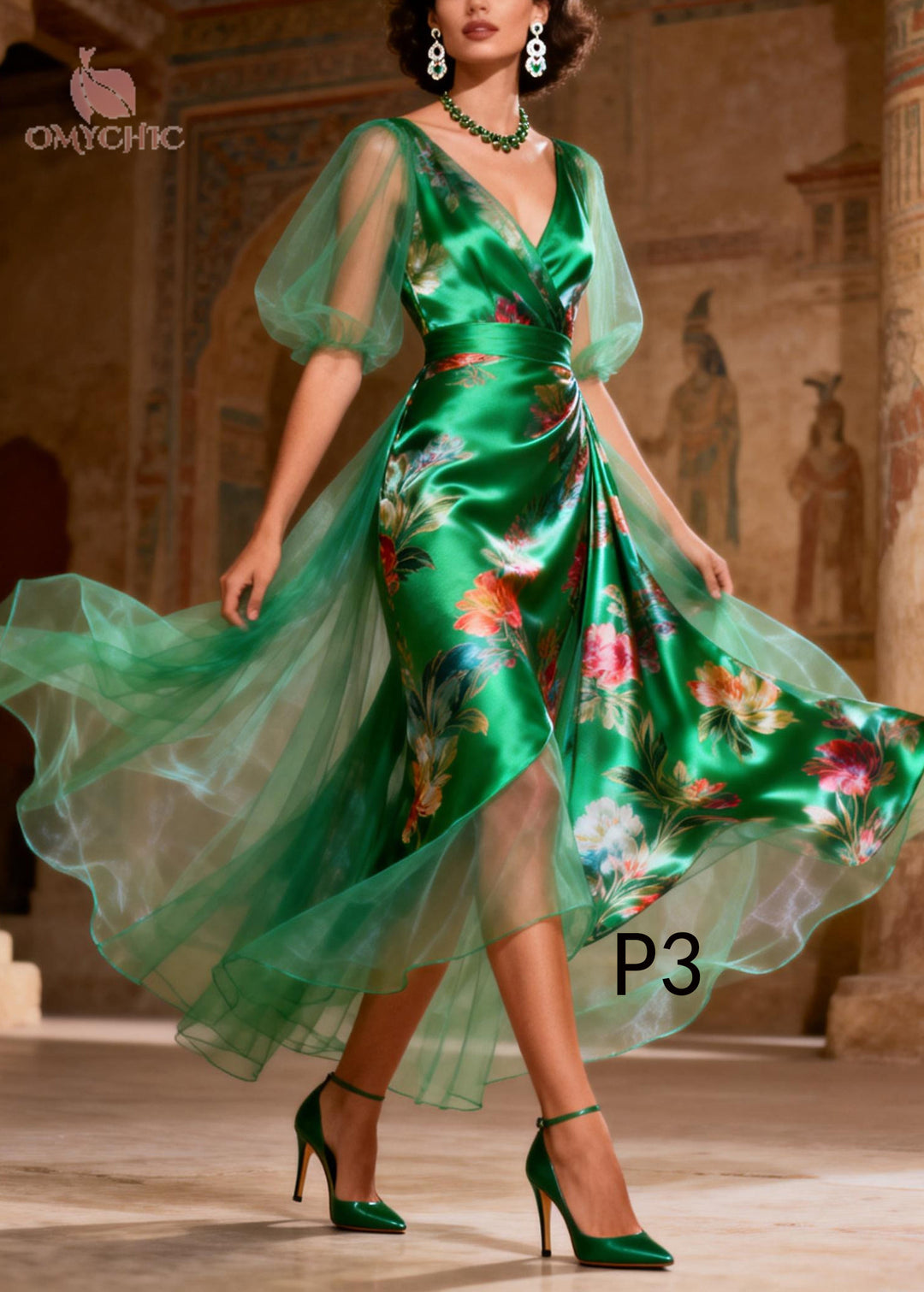 French Green Print Tulle Patchwork Silk Party Dress Summer