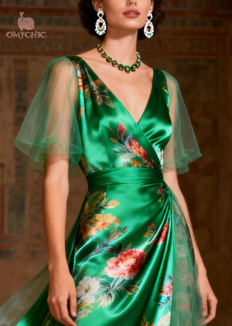French Green Print Tulle Patchwork Silk Party Dress Summer