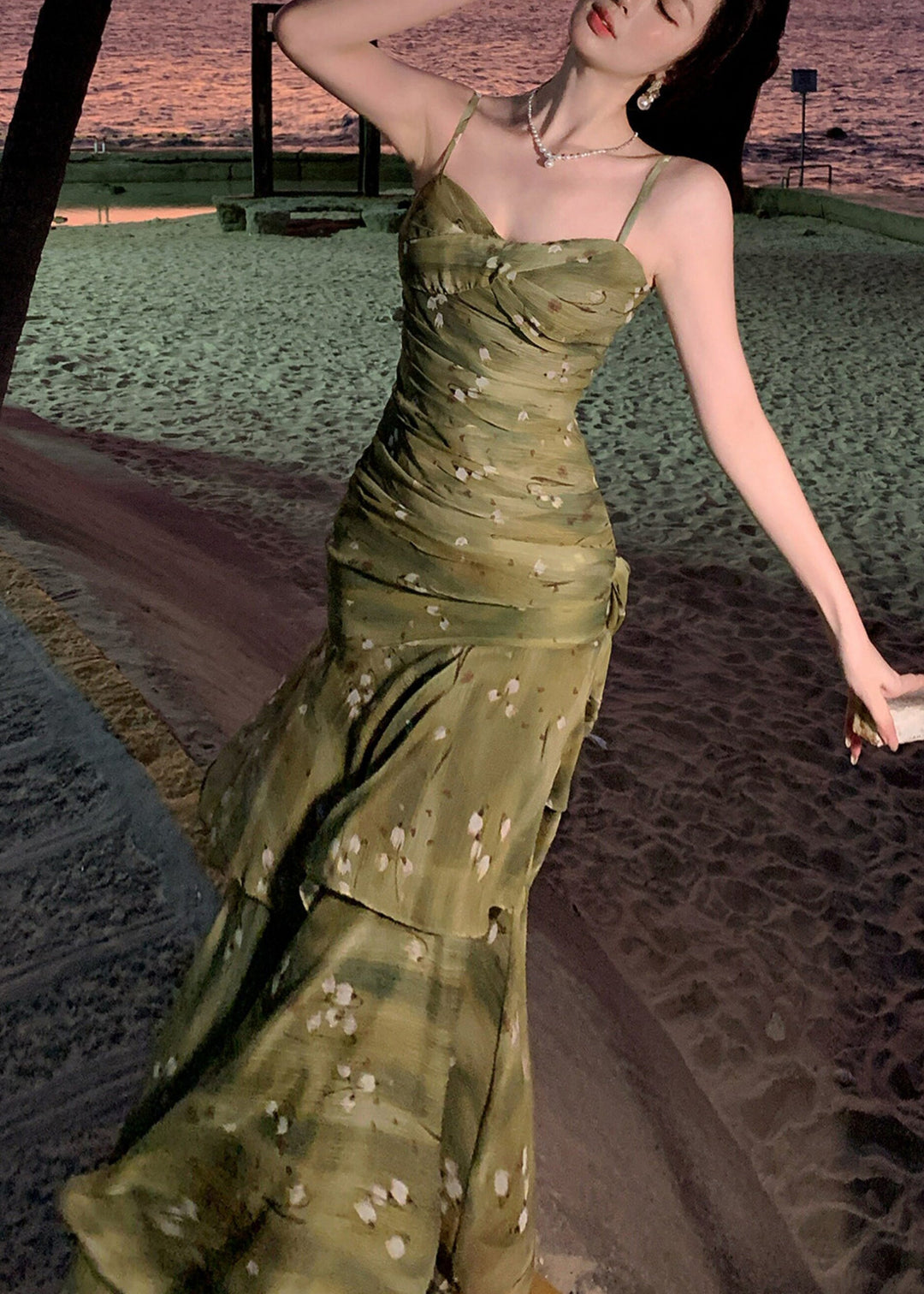 French Green Print Wrinkled Maxi Spaghetti Strap Dress Summer