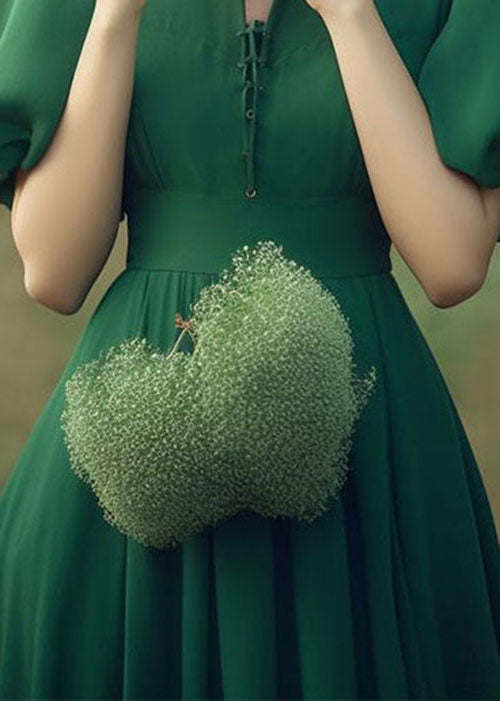 French Green Puff Sleeve Patchwork Wrinkled Chiffon Dresses