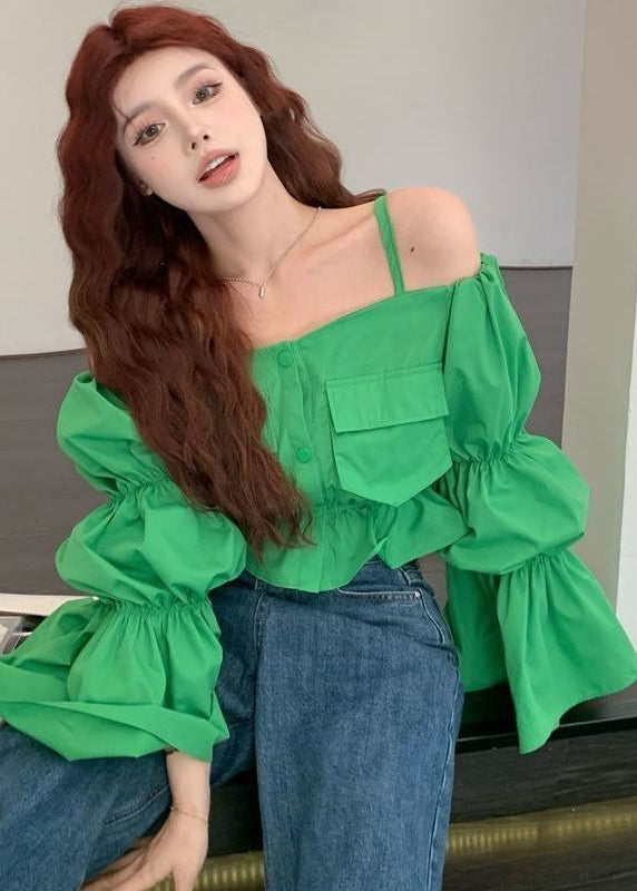 French Green Puff Sleeve Slash Neck Cotton Shirt Summer