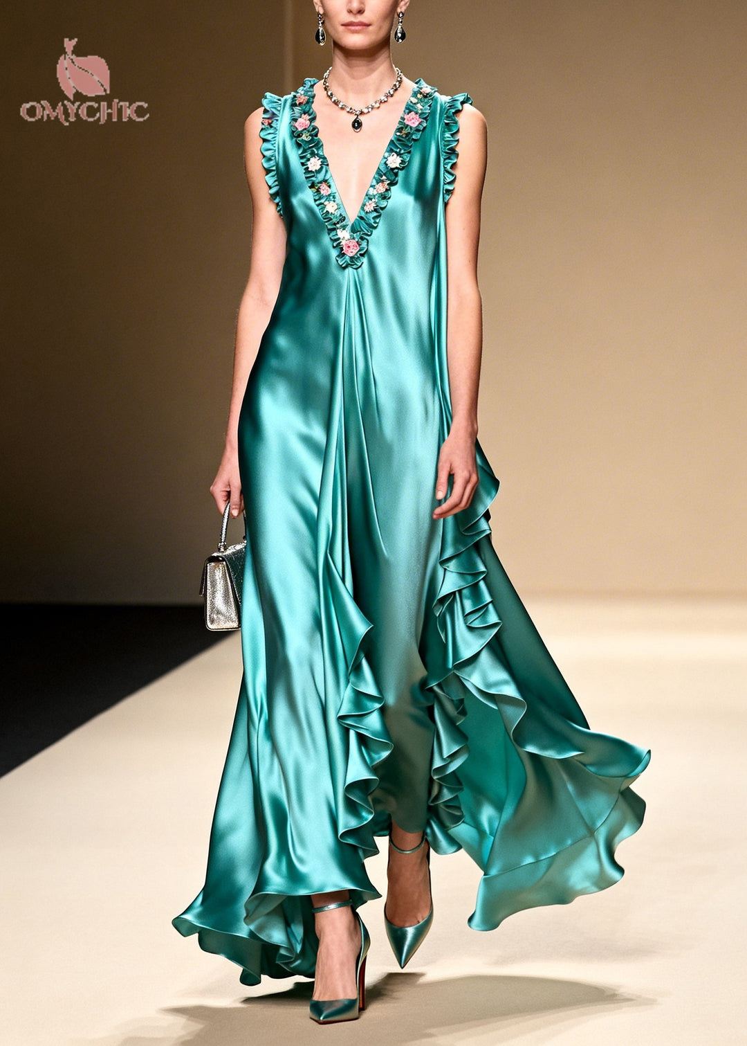 French Green Ruffled Asymmetrical Design Exra Large Hem Silk Holiday Dress Summer