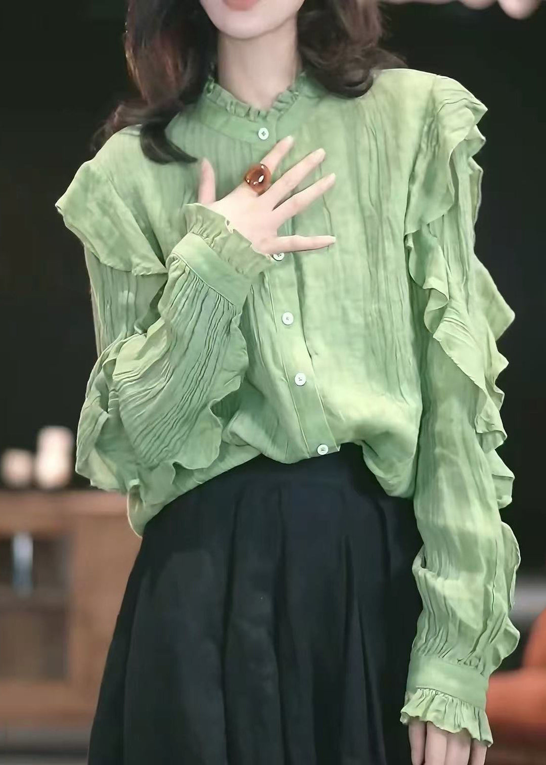 French Green Ruffled Button Patchwork Cotton Shirts Tops Fall