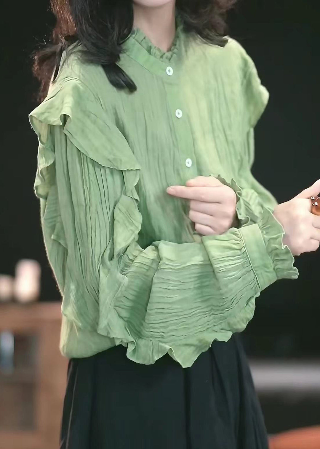 French Green Ruffled Button Patchwork Cotton Shirts Tops Fall