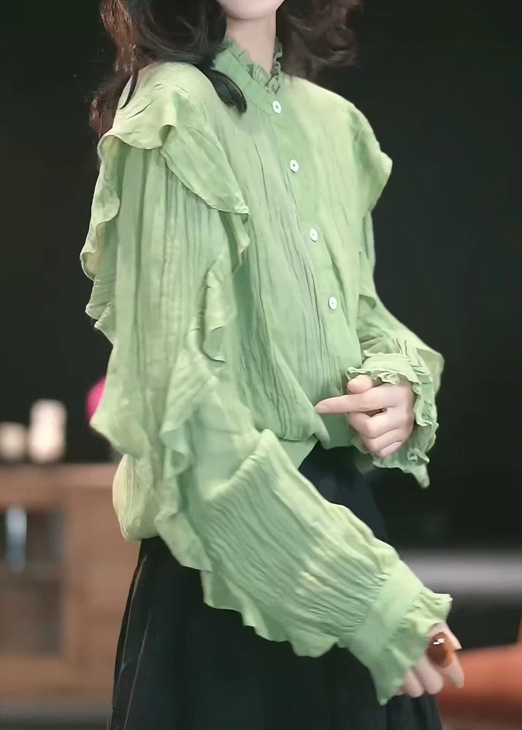 French Green Ruffled Button Patchwork Cotton Shirts Tops Fall