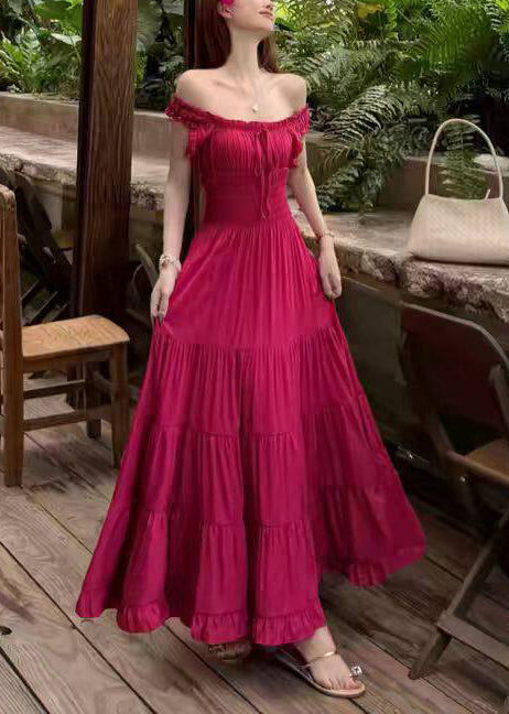 French Green Ruffled Elastic Waist Cotton Long Dress Summer