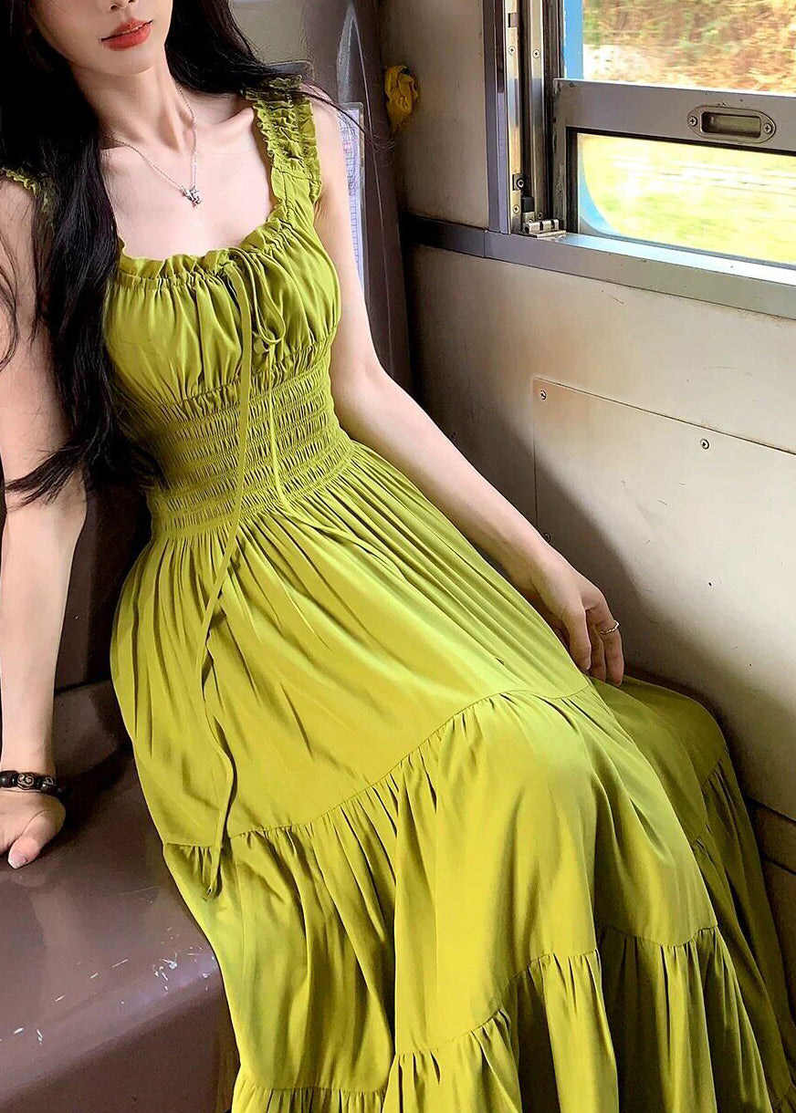 French Green Ruffled Elastic Waist Cotton Long Dress Summer