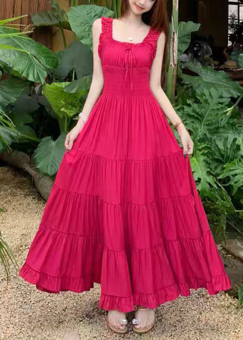 French Green Ruffled Elastic Waist Cotton Long Dress Summer