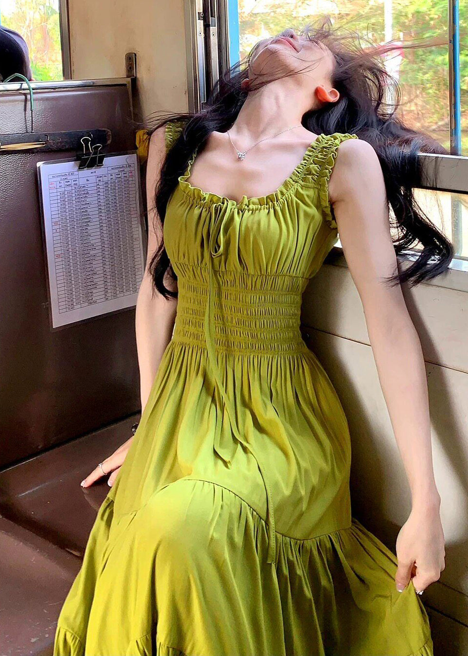 French Green Ruffled Elastic Waist Cotton Long Dress Summer