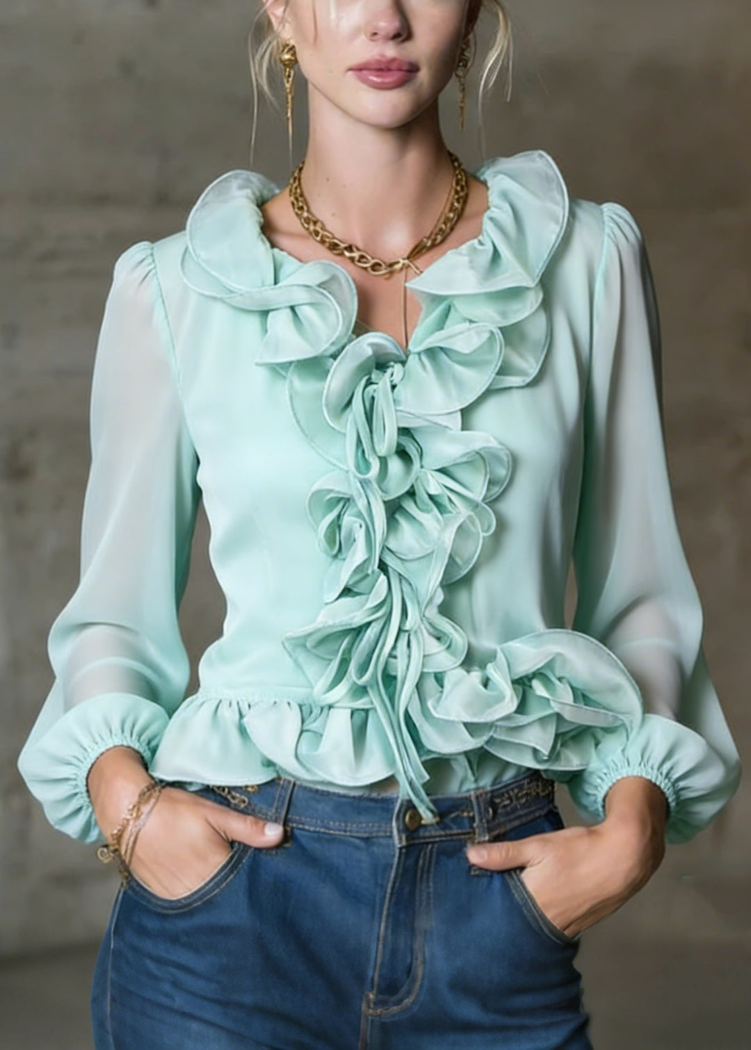 French Green Ruffled Patchwork Chiffon Blouses Spring