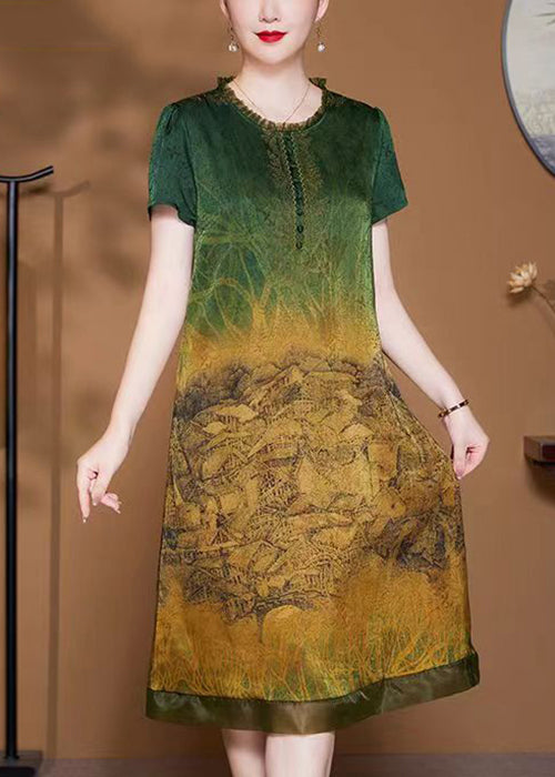 French Green Ruffled Pockets Patchwork Silk Dress Summer