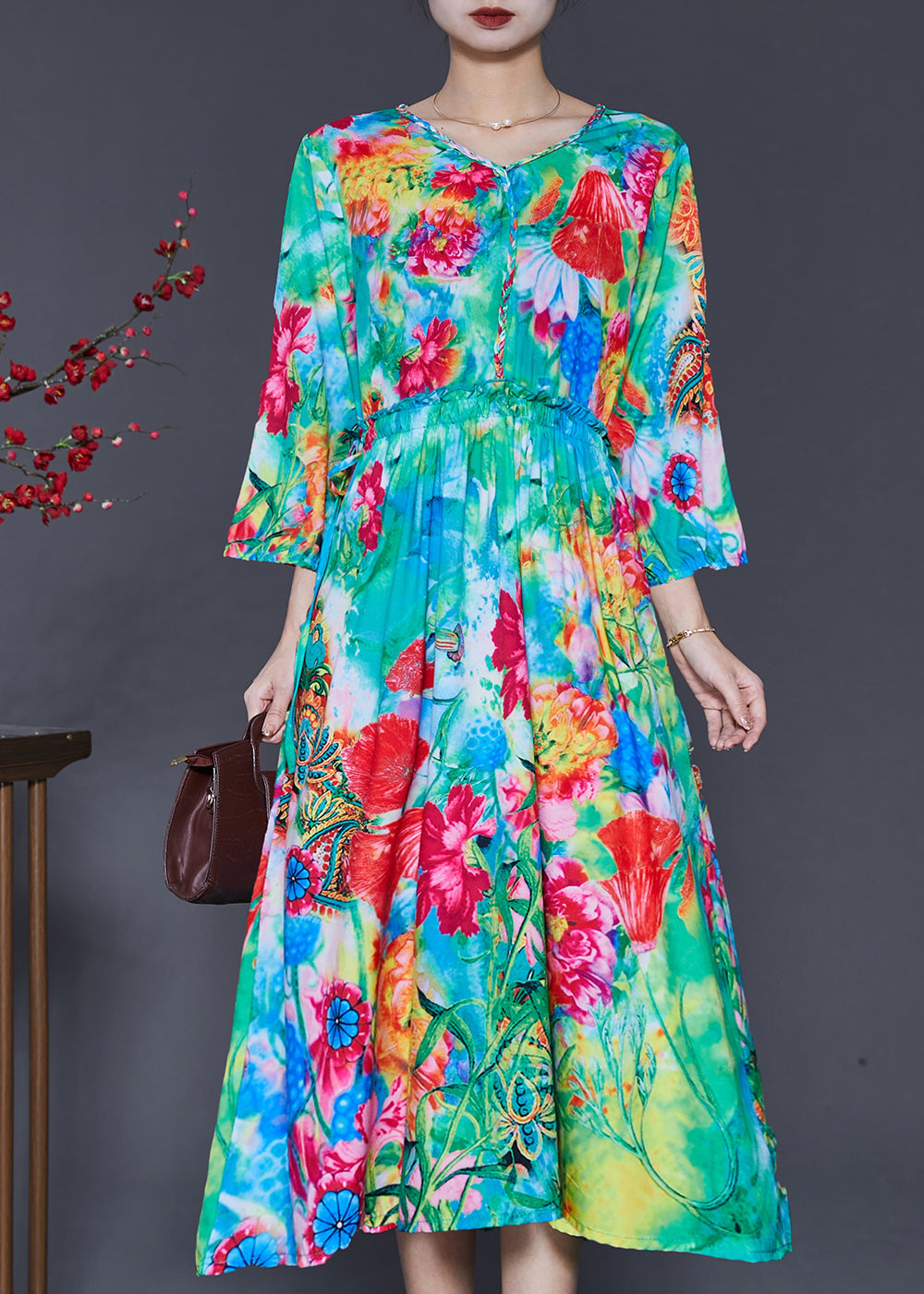 French Green Ruffled Print Exra Large Hem Silk Beach Dress Spring