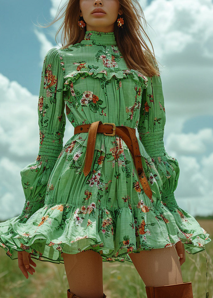 French Green Ruffled Print Patchwork Cotton Short Dress Long Sleeve