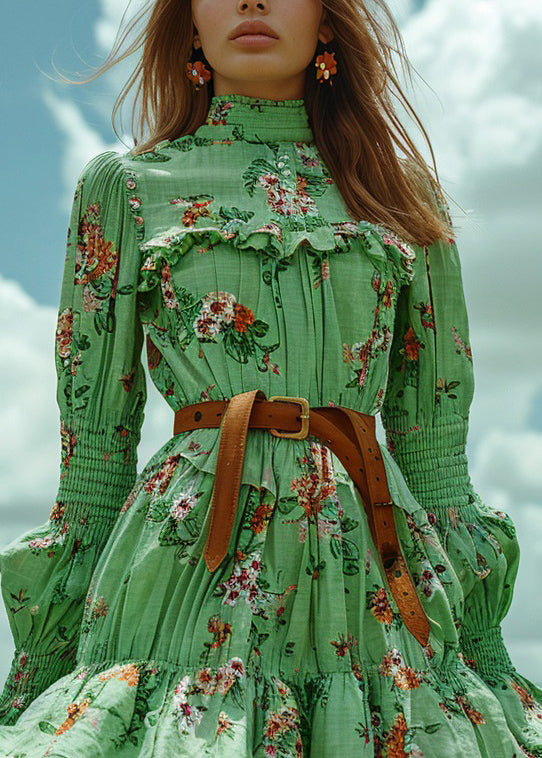 French Green Ruffled Print Patchwork Cotton Short Dress Long Sleeve