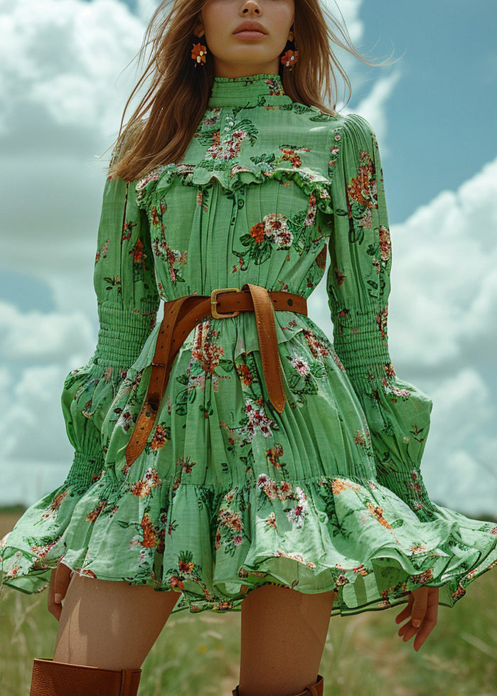French Green Ruffled Print Patchwork Cotton Short Dress Long Sleeve