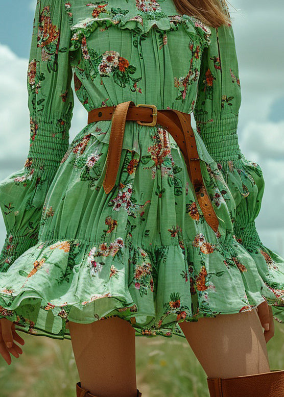 French Green Ruffled Print Patchwork Cotton Short Dress Long Sleeve