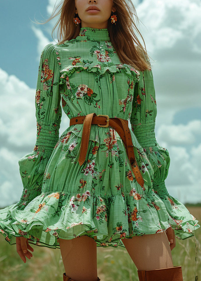 French Green Ruffled Print Patchwork Cotton Short Dress Long Sleeve