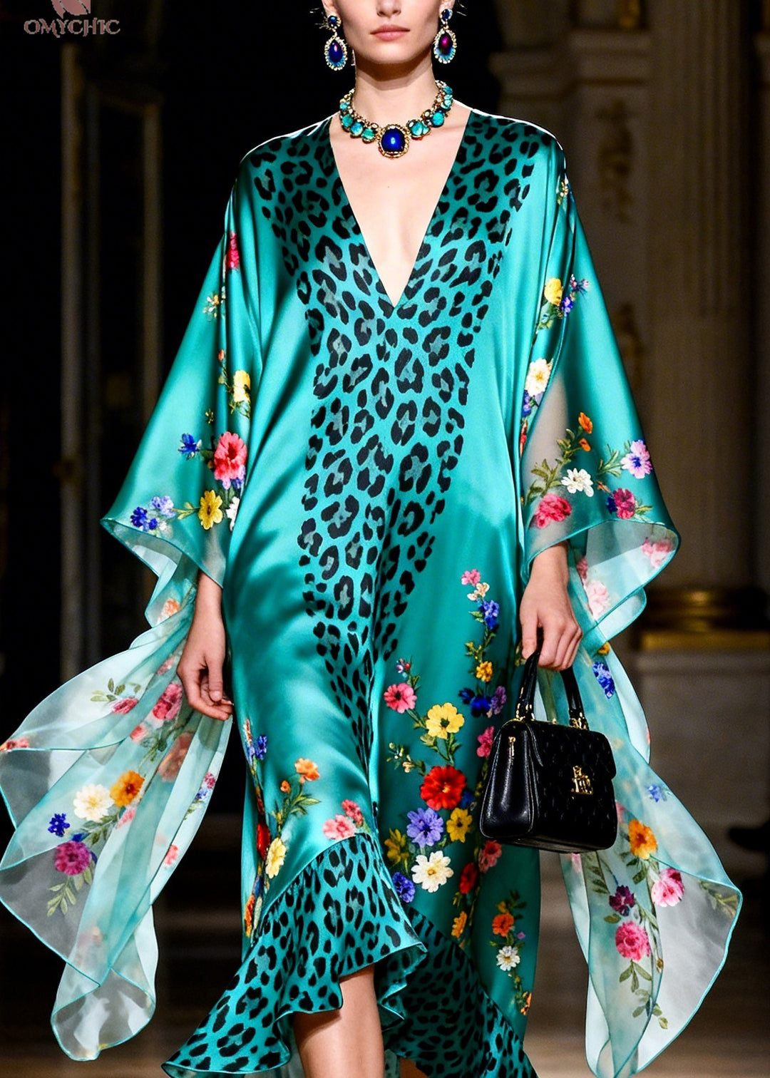 French Green Ruffled Print Patchwork Silk Robe Dresses Summer