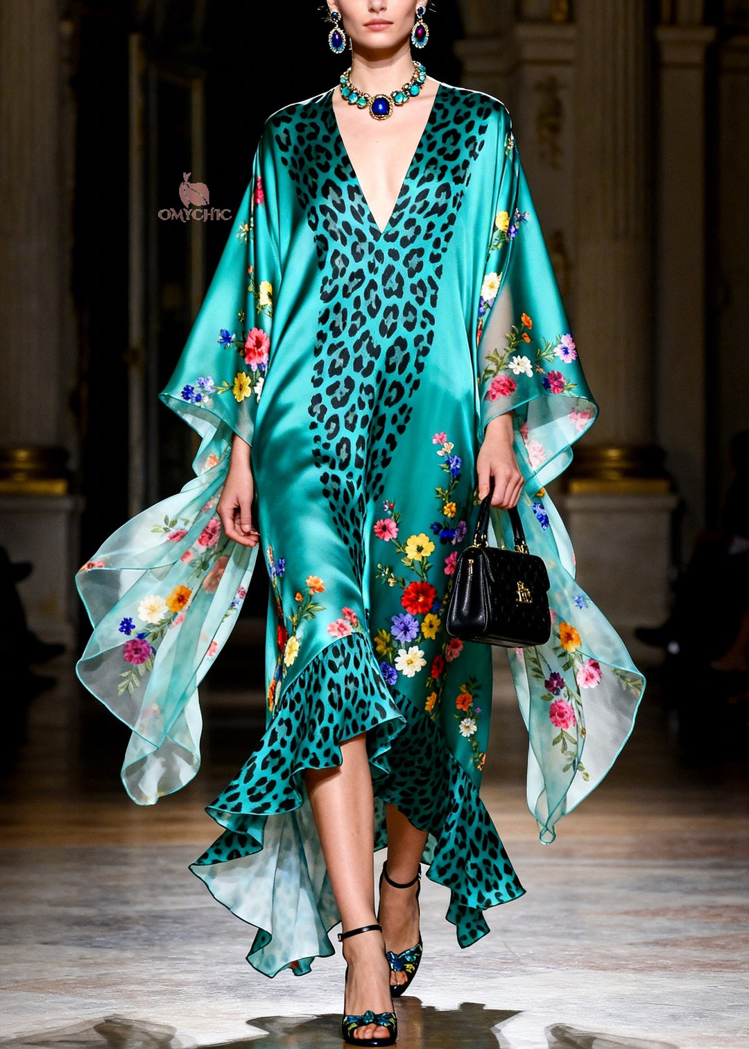 French Green Ruffled Print Patchwork Silk Robe Dresses Summer