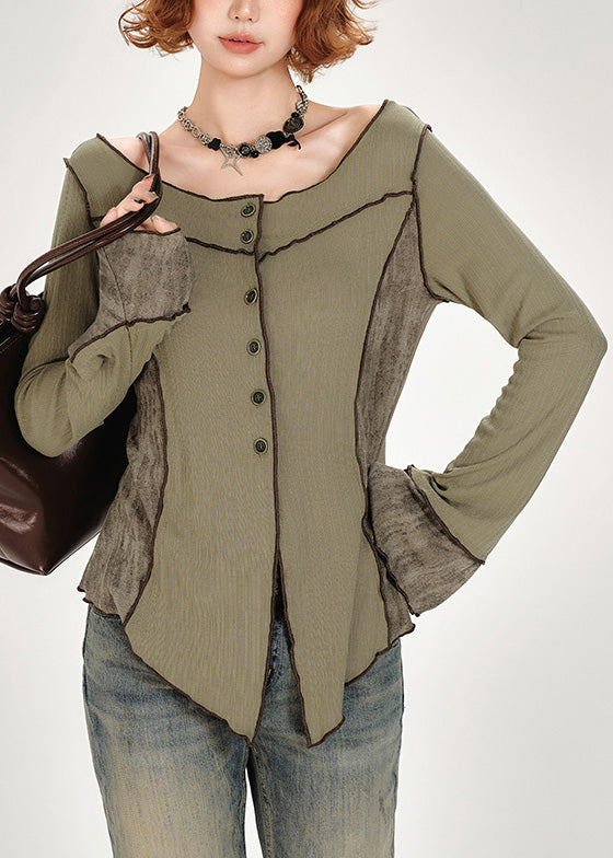 French Green Slash Neck Button Patchwork Cotton Top Fall