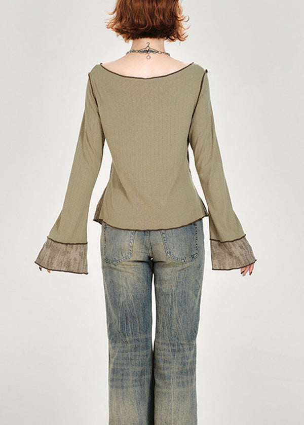 French Green Slash Neck Button Patchwork Cotton Top Fall