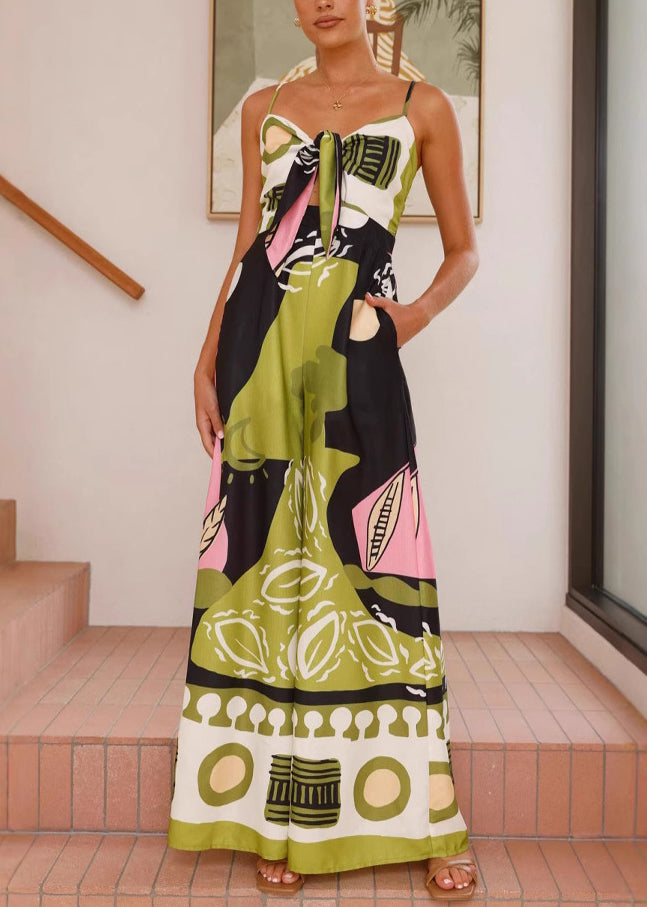 French Green Slash Neck High Waist Jumpsuit Sleeveless