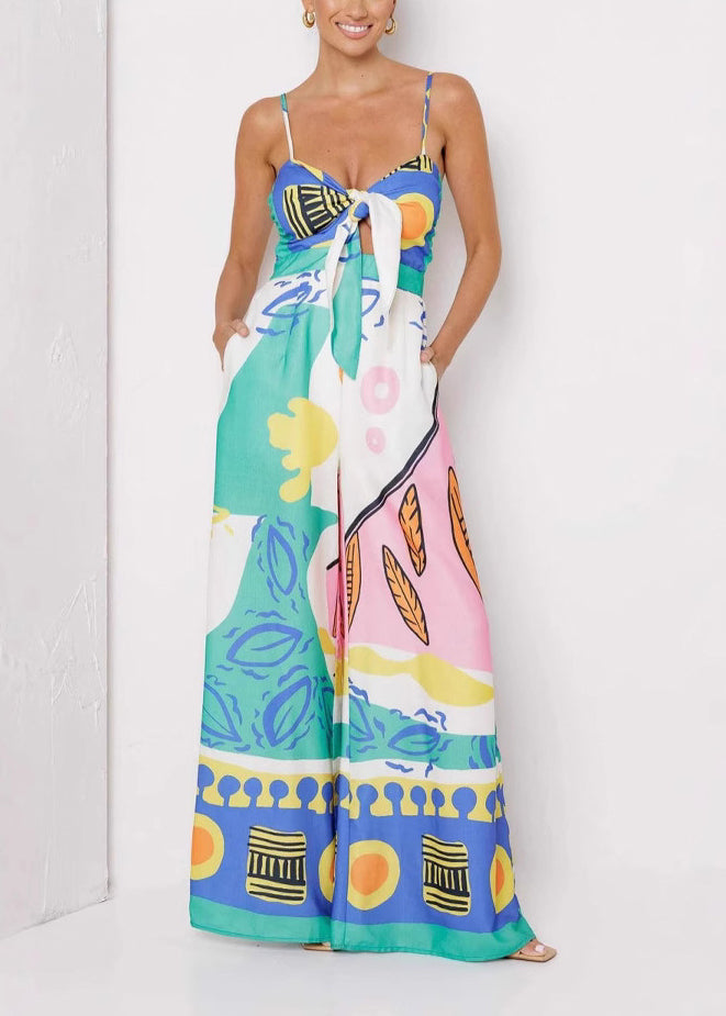 French Green Slash Neck High Waist Jumpsuit Sleeveless
