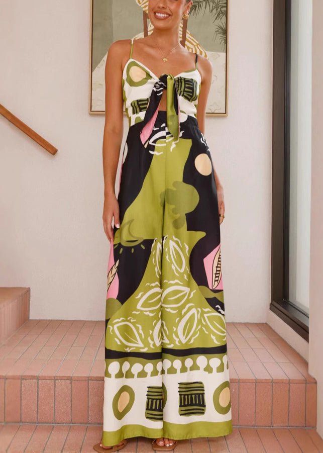 French Green Slash Neck High Waist Jumpsuit Sleeveless