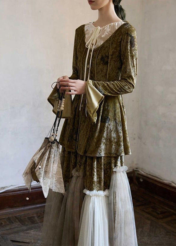 French Green Tulle Patchwork Tie Lace Silk Velvet Top And Maxi Skirts Two Piece Set Fall