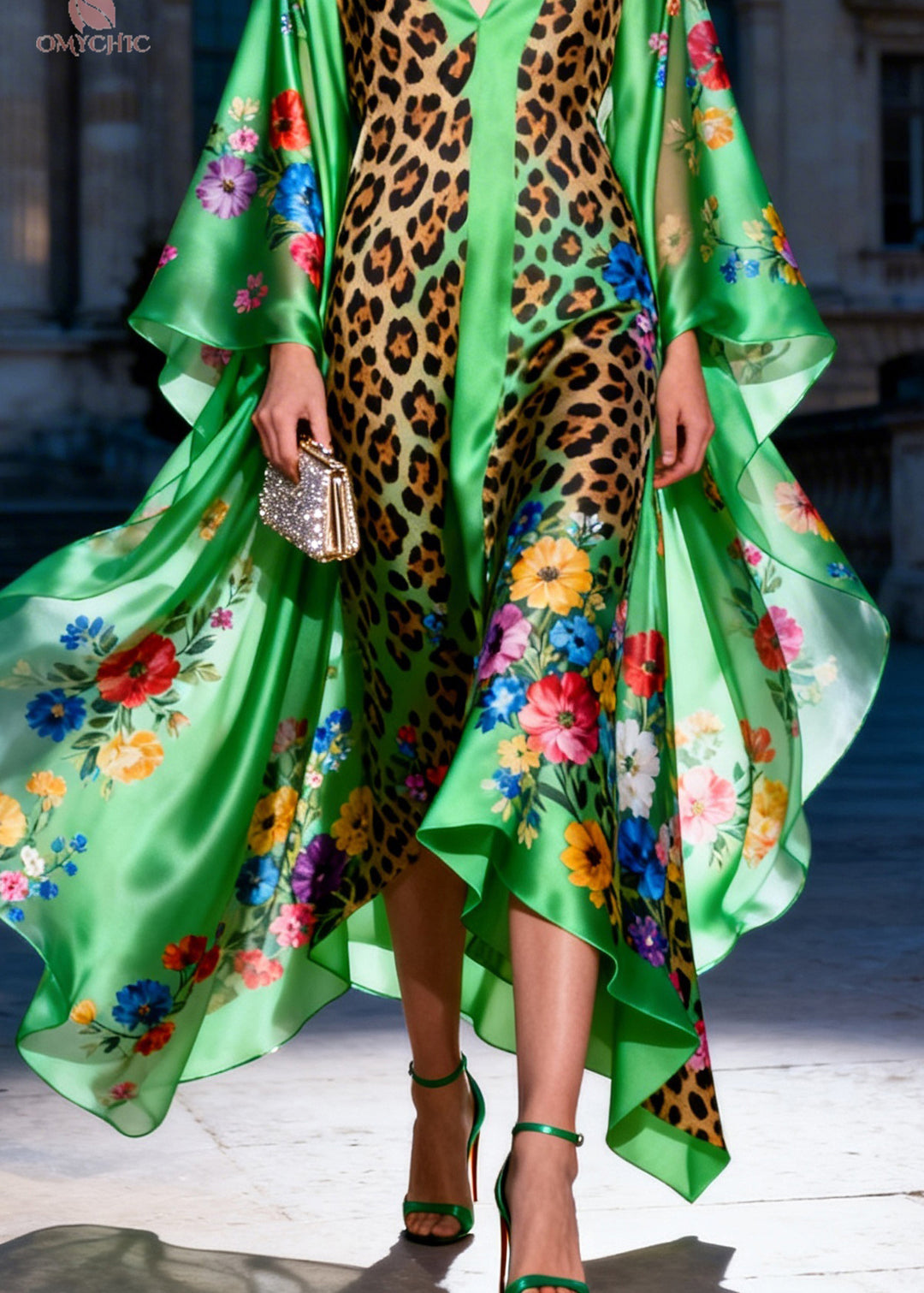 French Green V Neck Asymmetrical Design Print Silk Maxi Dresses Summer