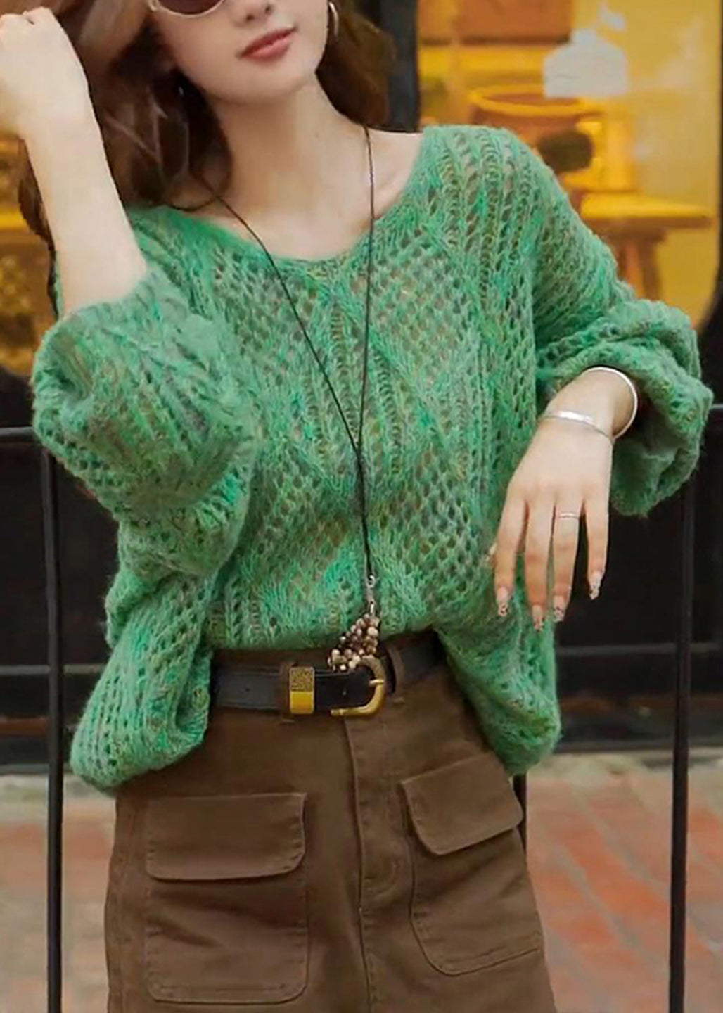 French Green V Neck Hollow Out Knit Sweaters Top Fall
