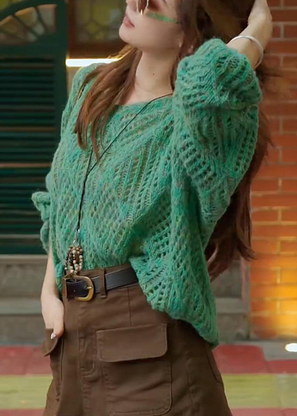 French Green V Neck Hollow Out Knit Sweaters Top Fall