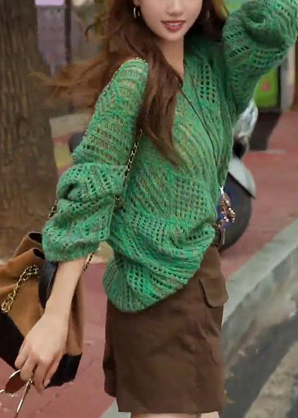 French Green V Neck Hollow Out Knit Sweaters Top Fall
