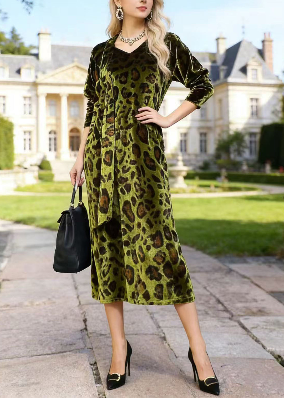 French Green V Neck Leopard Print Velvet Dress Spring - Omychic