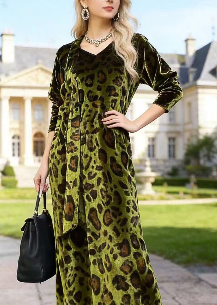 French Green V Neck Leopard Print Velvet Dress Spring - Omychic